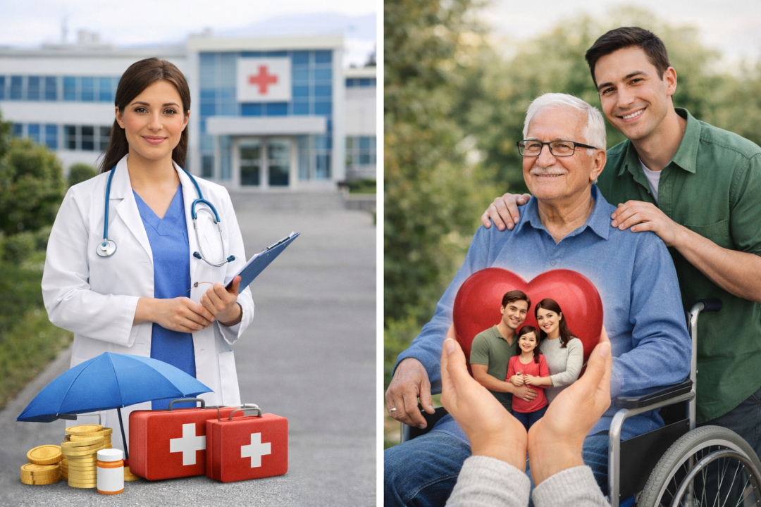 Doctor with healthcare symbols and elderly man in wheelchair with family outdoors
