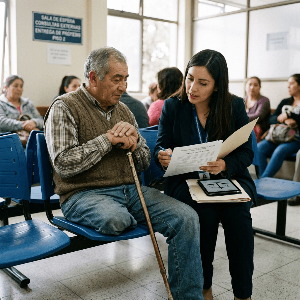 Woman discussing legal documents with elderly man holding a cane in waiting area