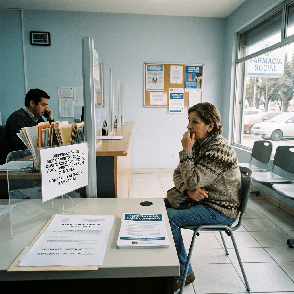 Woman sitting at a social pharmacy waiting area with informational papers on the desk and a clerk on the phone behind glass