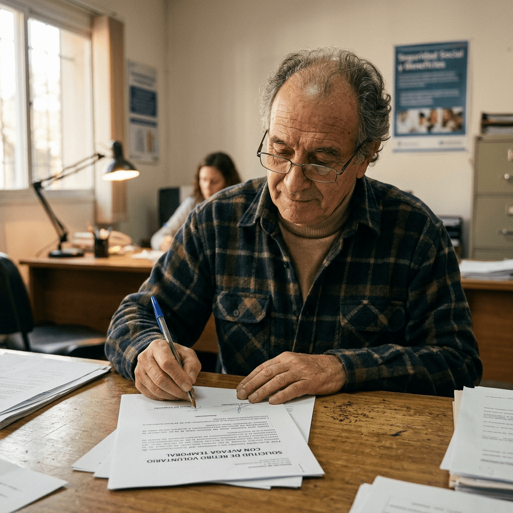 Elderly man with glasses signing papers at desk in office