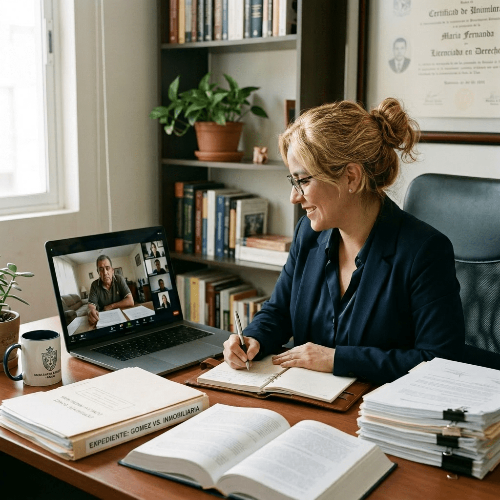 Woman lawyer on video call taking notes at desk with legal books and documents